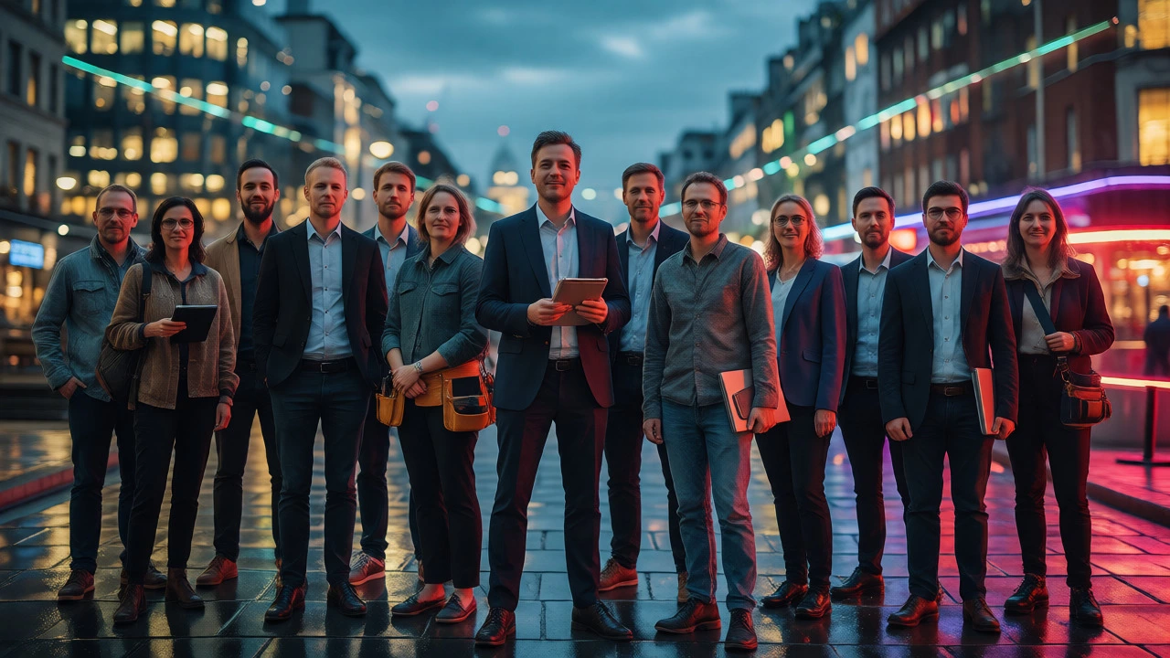 Diverse group of skilled professionals standing in a city at dusk