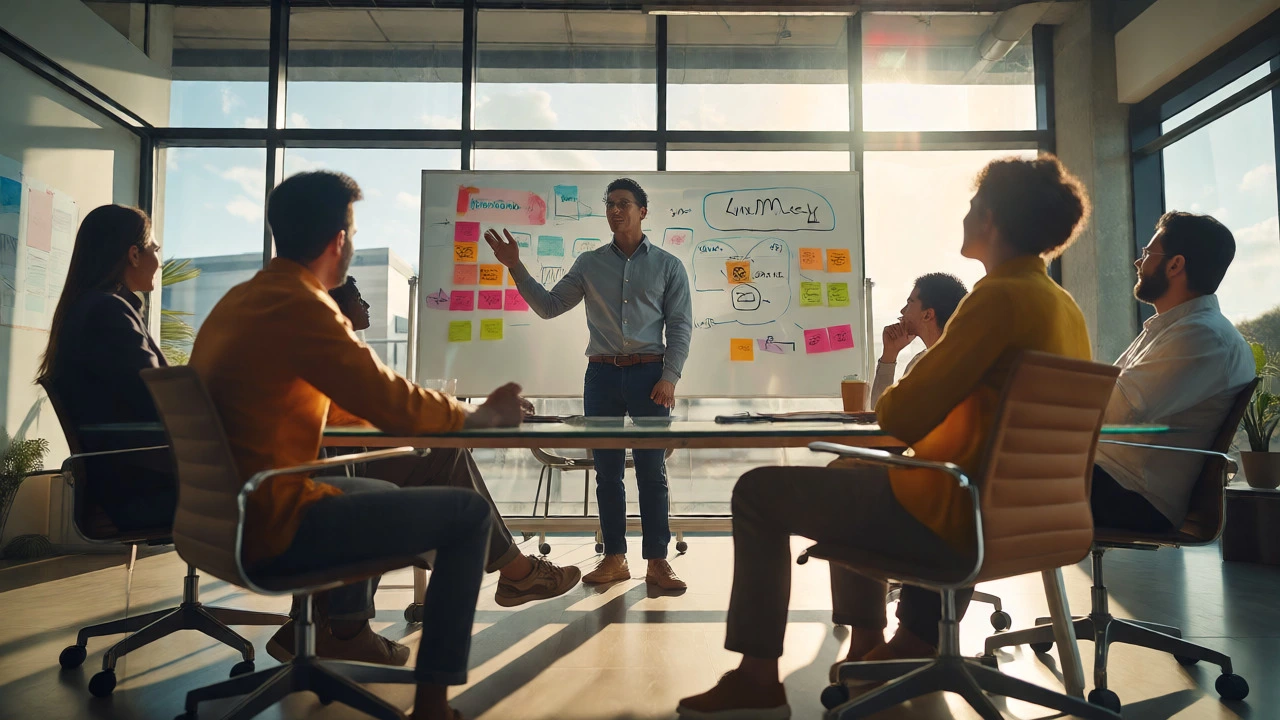 Diverse team collaborating around a table with agile planning charts