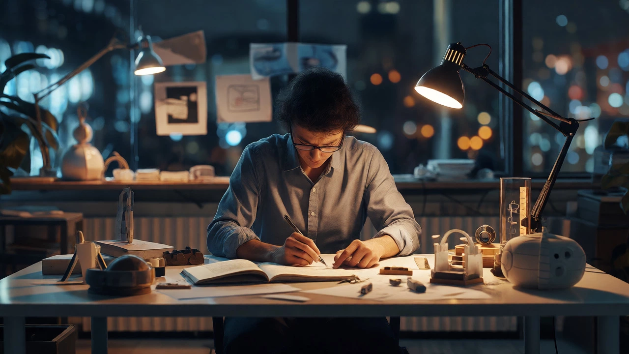 Focused adult professional solving a practical problem late at night with real-world tools.