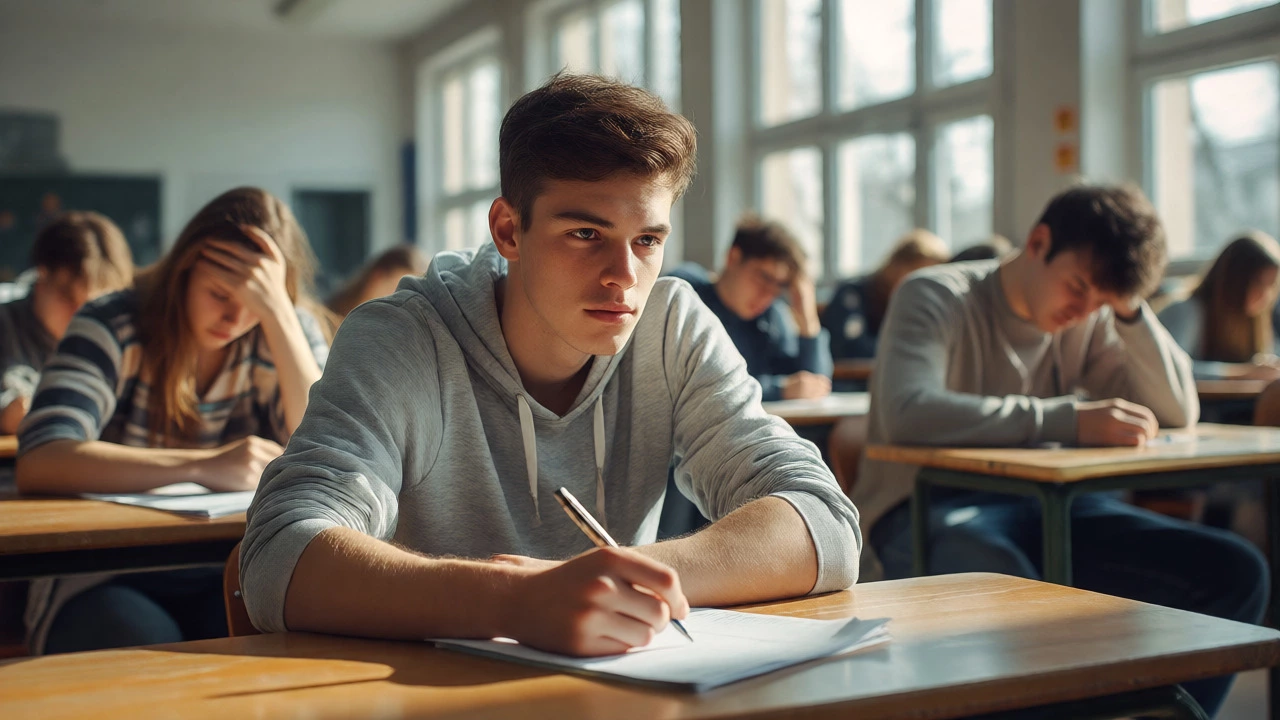 Focused student in an exam hall with bright lighting, contrasting with tired peers in the background.