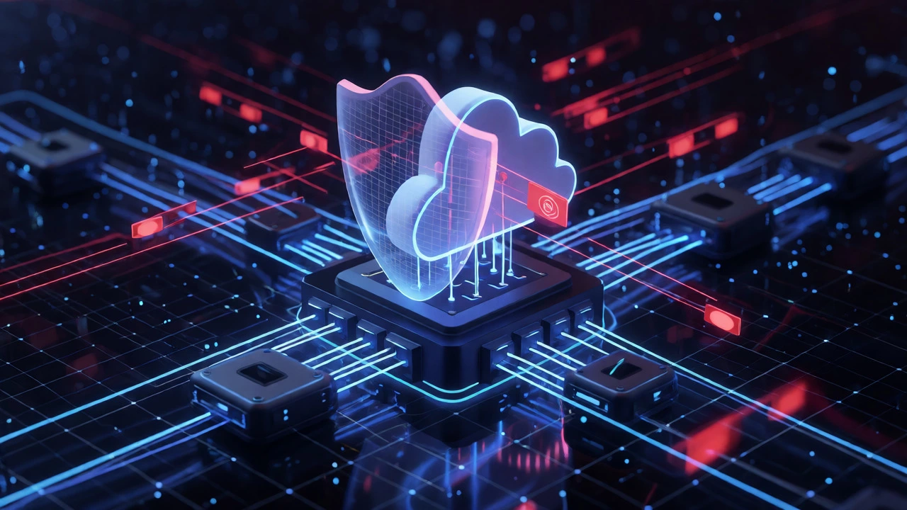 Glowing holographic shield protecting cloud servers from cyber threats