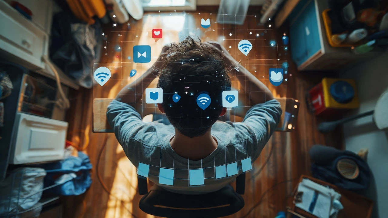 Overhead view of student burdened by digital distractions