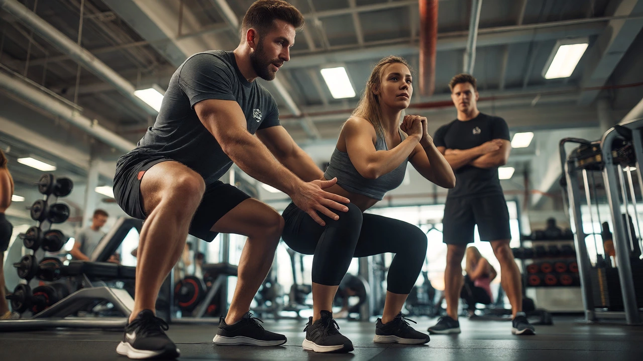 Personal trainer demonstrating squat technique to a client in a busy commercial gym.