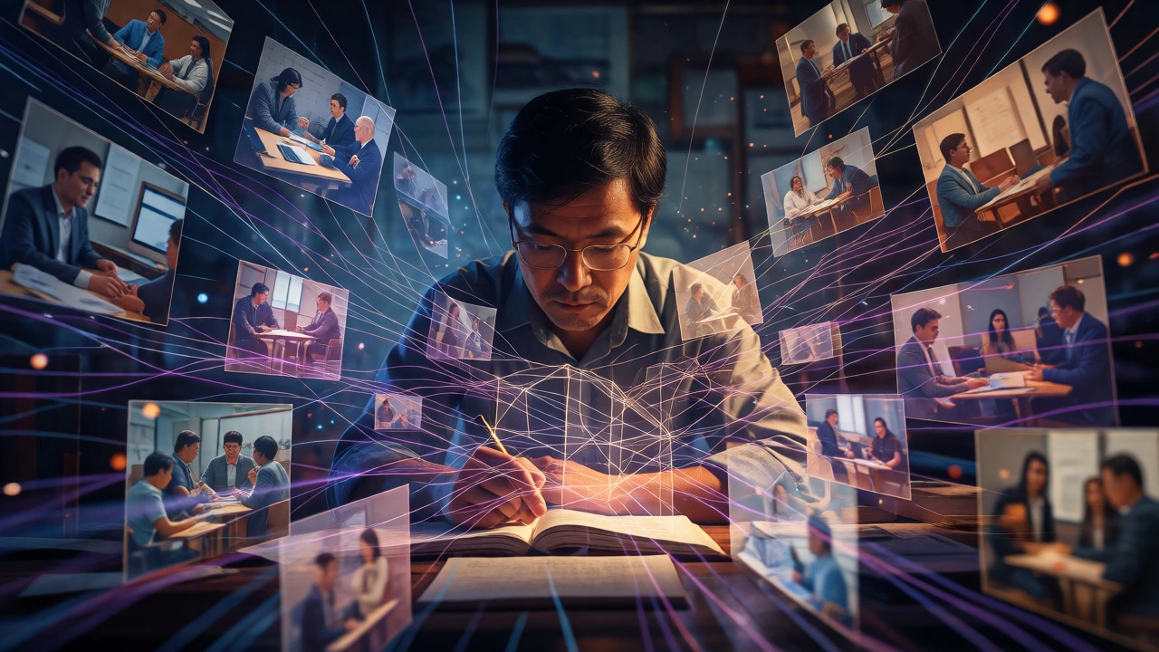 Professional connecting past experiences to new learning through abstract visual metaphors.