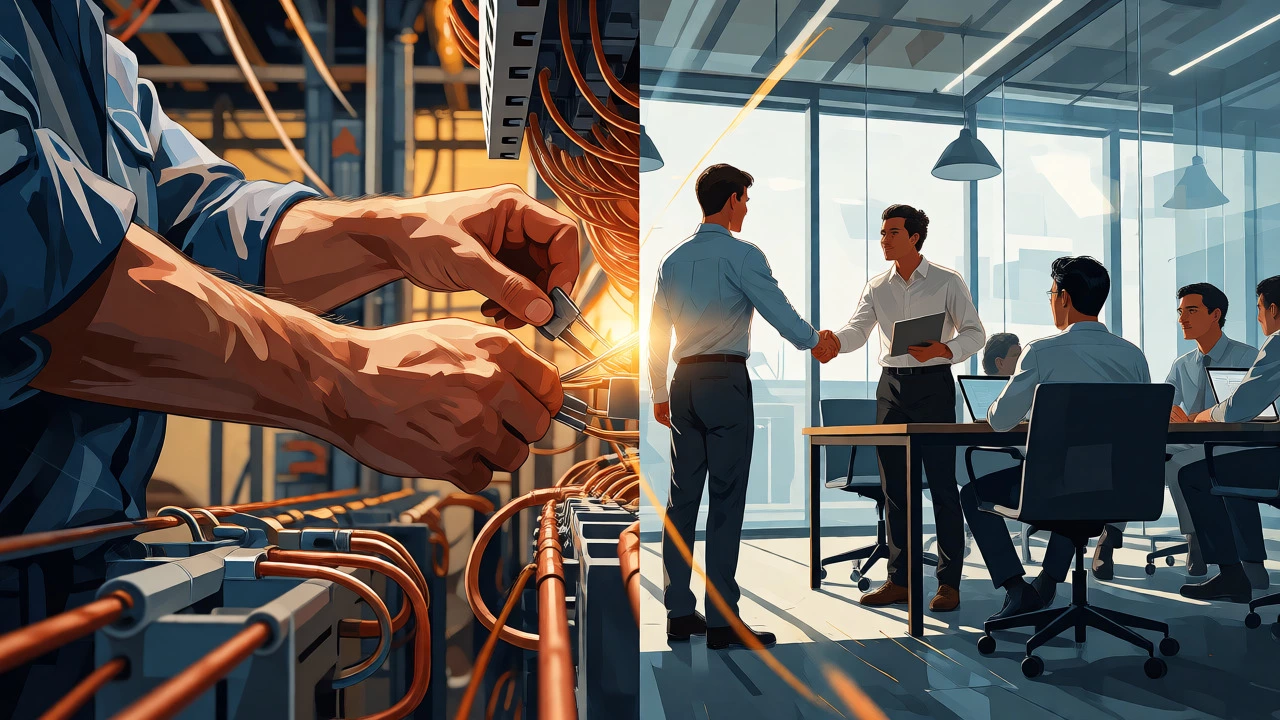 Split image showing electrical wiring and a business handshake