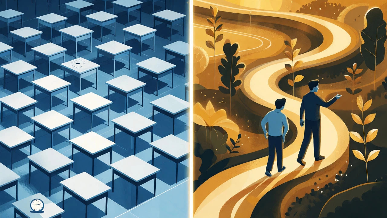 Split-screen conceptual art comparing rigid classroom grids with flexible one-on-one tutoring paths.