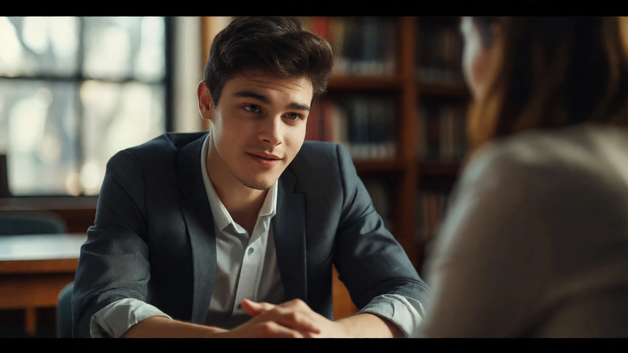 Student engaging confidently in a formal scholarship interview