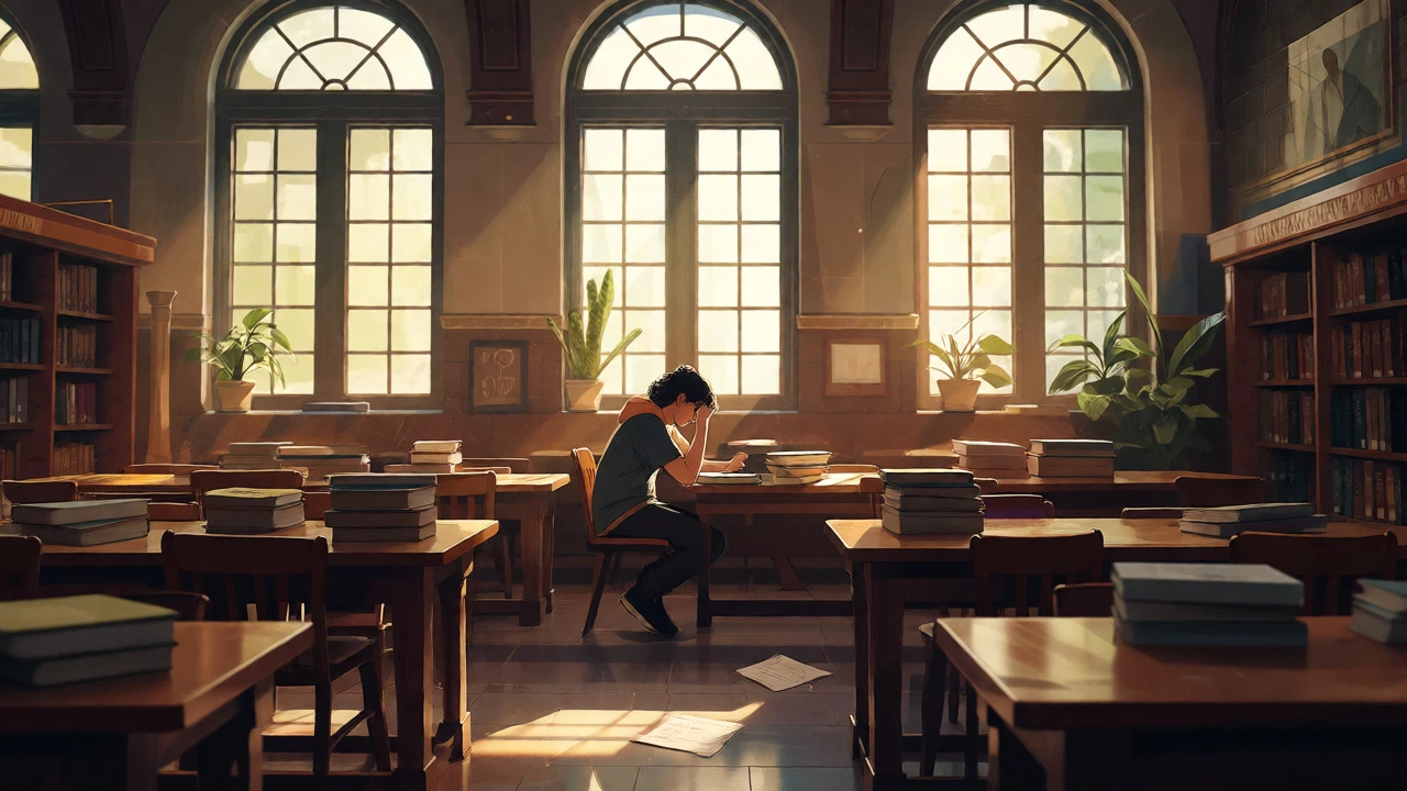 Student studying in a sunlit library planning scholarship applications