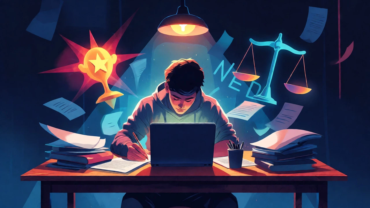 Student writing scholarship essays surrounded by symbolic merit and need icons