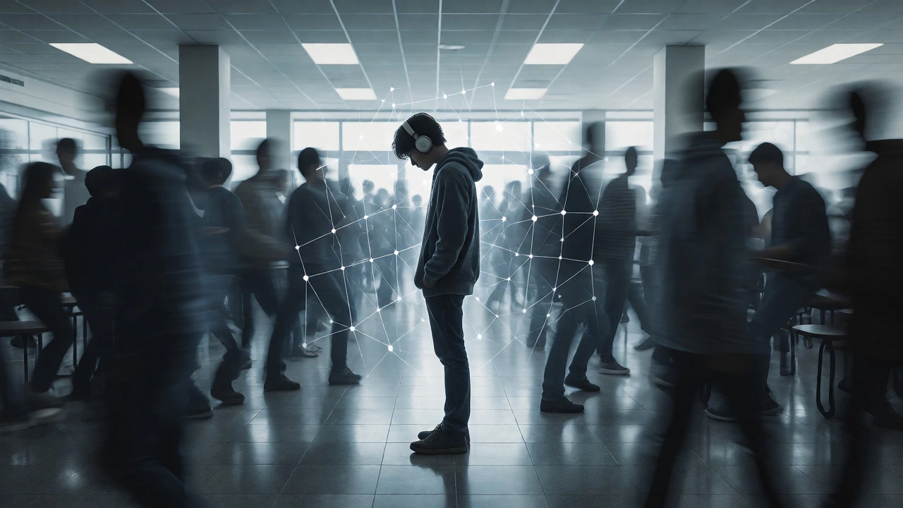 Teenager feeling isolated in a crowded school hallway due to autism.