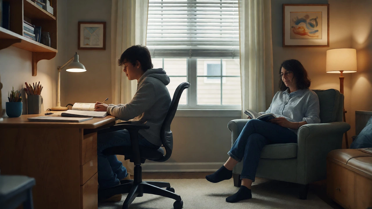 Teenager studying calmly at a desk with parent nearby